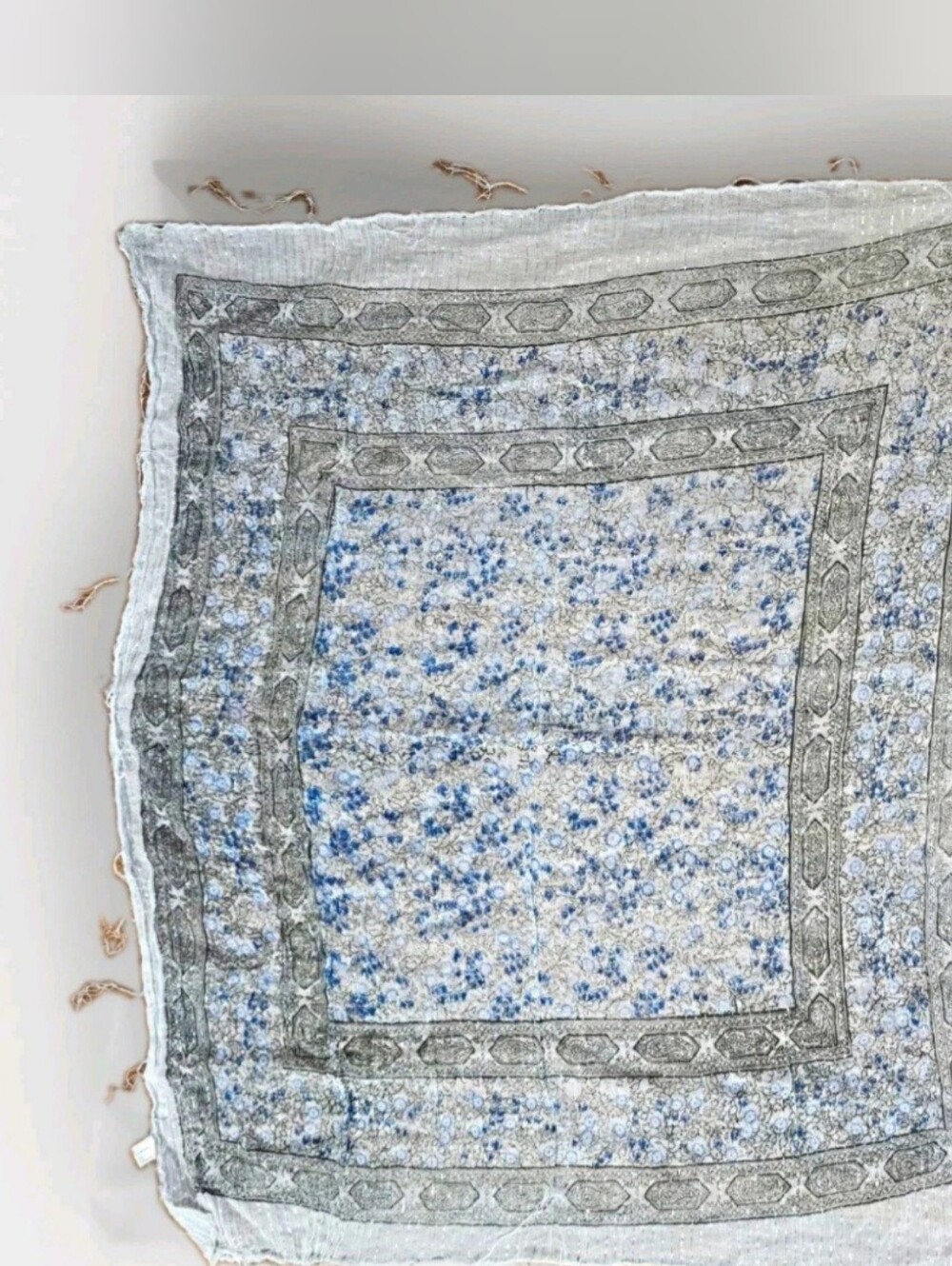 Blue Gray Floral Paisley Lightweight Fringe Scarf Wrap Shawl